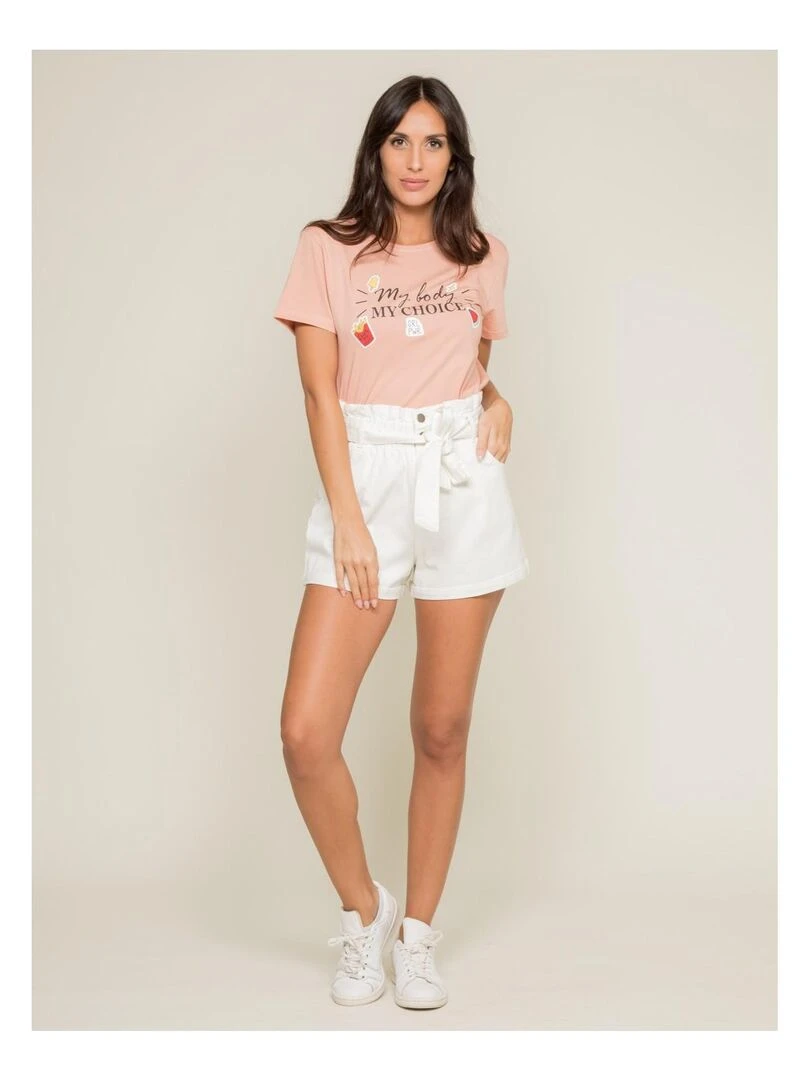 T shirt col rond message FLETY   Rose