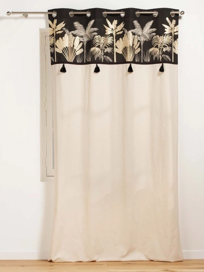 Rideau à œillets 140x240 uni top métallisé pompons Karaba coton Blanc