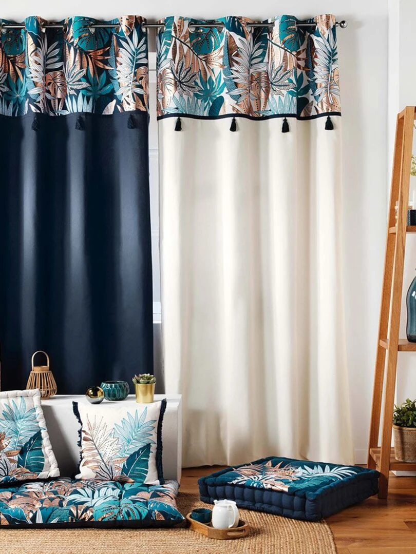 Rideau à œillets 140x240 uni top métallisé pompons Alianor bleu coton   Bleu