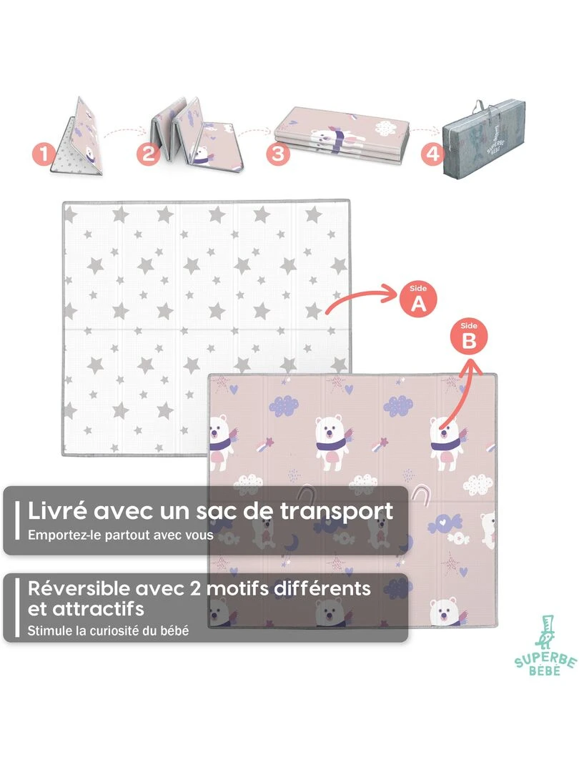 Tapis de Jeu en mousse épais et pliable pour enfants PINK PANDA XL SUPERBE BEBE Blanc Rose