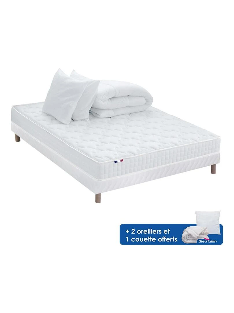 Ensemble matelas mémoire de forme + sommier + oreiller + couette fabrication française matelas Blanc