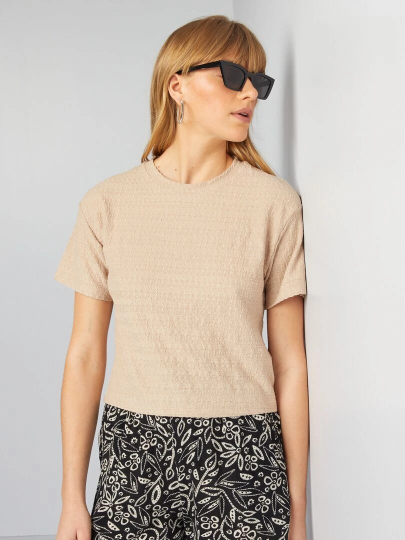 T shirt stretch en mailel gaufrée   Beige