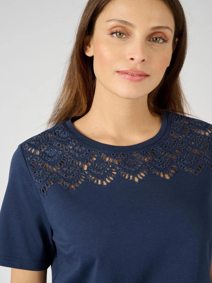 Tee shirt brodé pur coton Damart Bleu marine