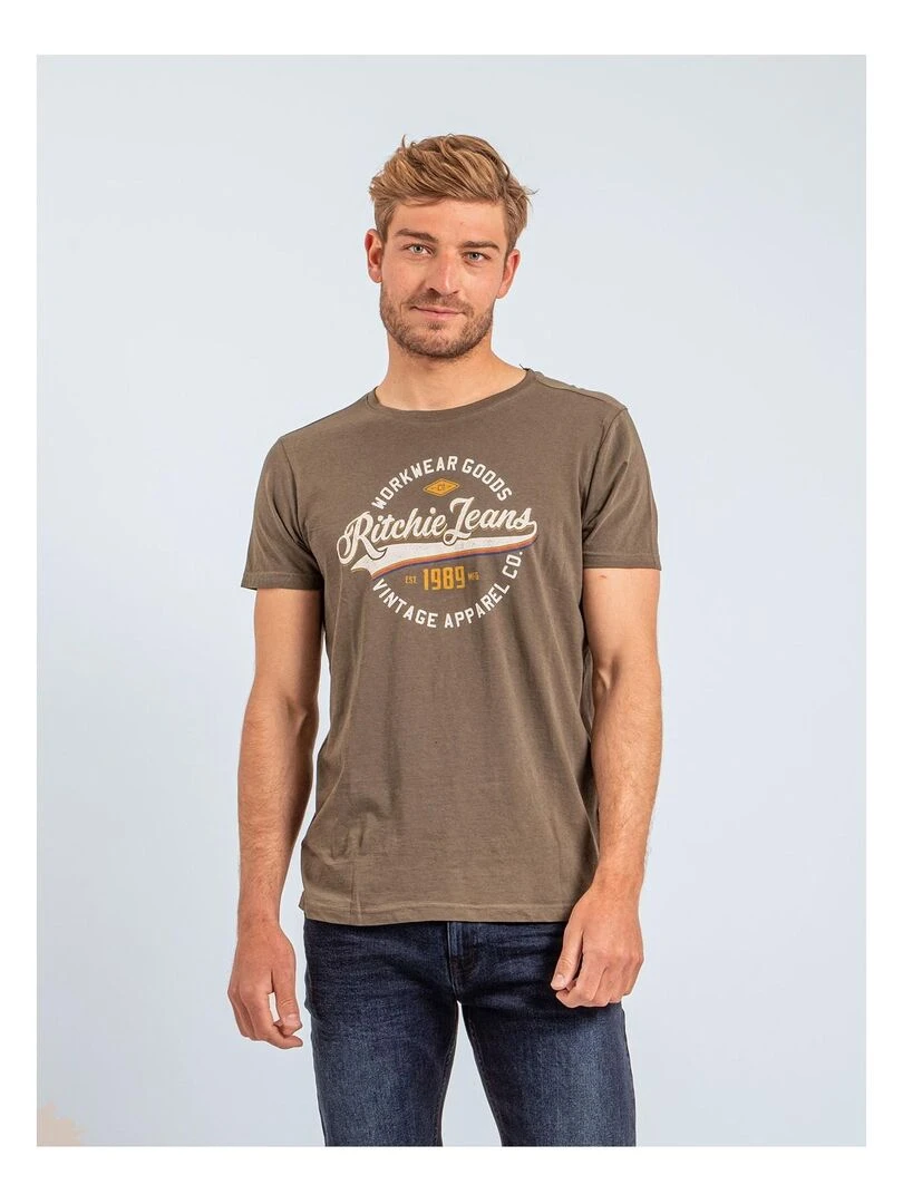 T shirt col rond pur coton JONAK Kaki