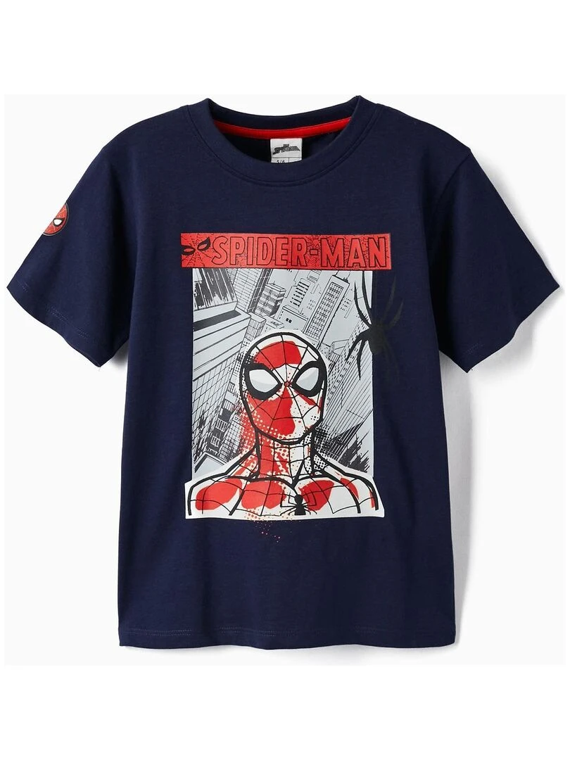 T Shirt en coton pour garçon 'Spider Man' manches courtes Bleu foncé