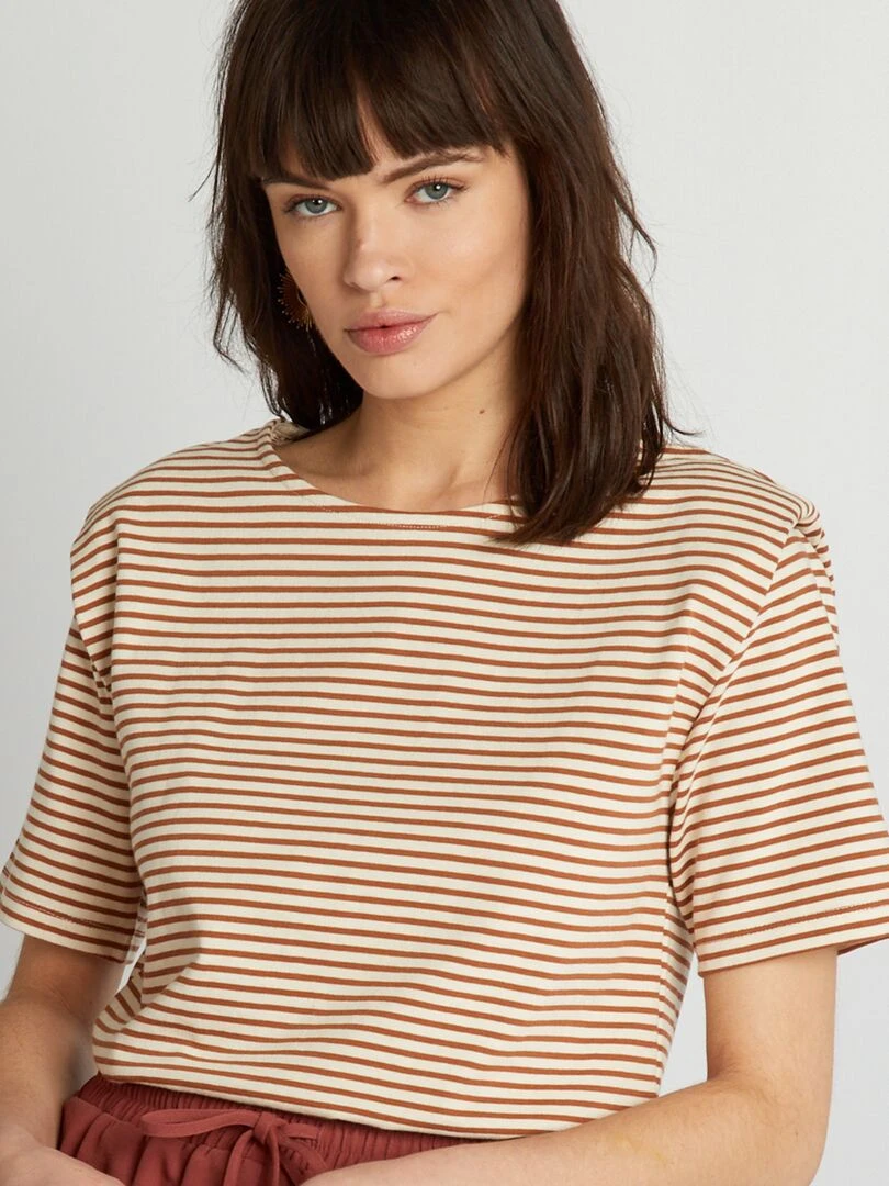 Tee shirt rayé avec épaulettes Camel