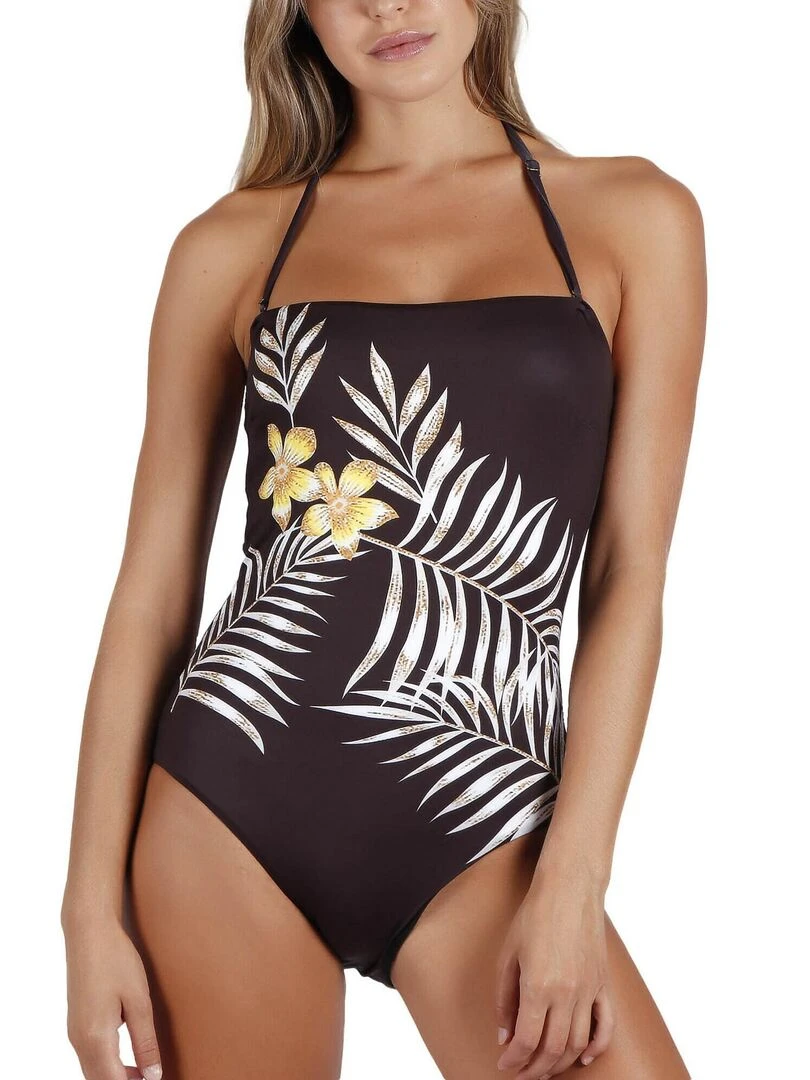 Maillot de bain 1 pièce bustier Ethnic Leaves Noir