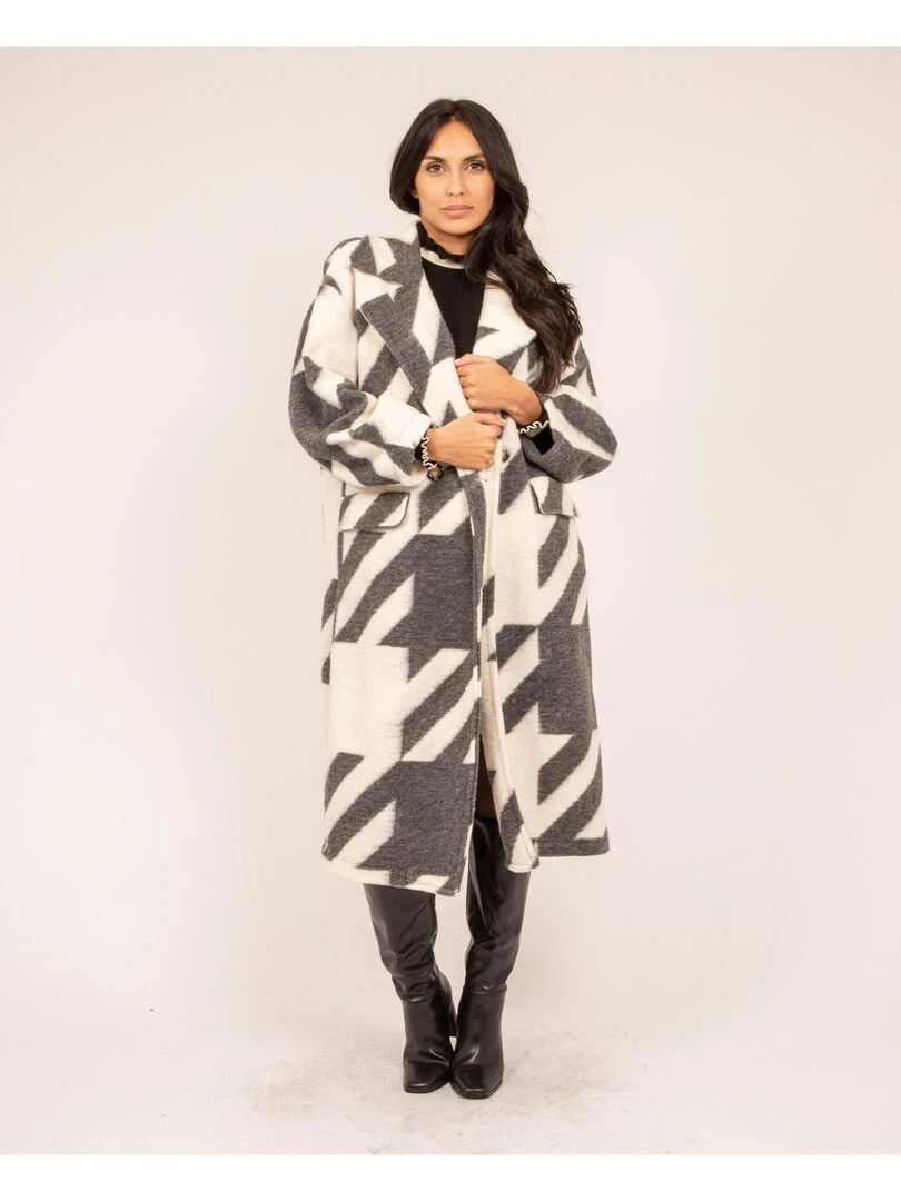 Manteau long pied de poule URIO   Marron caramel