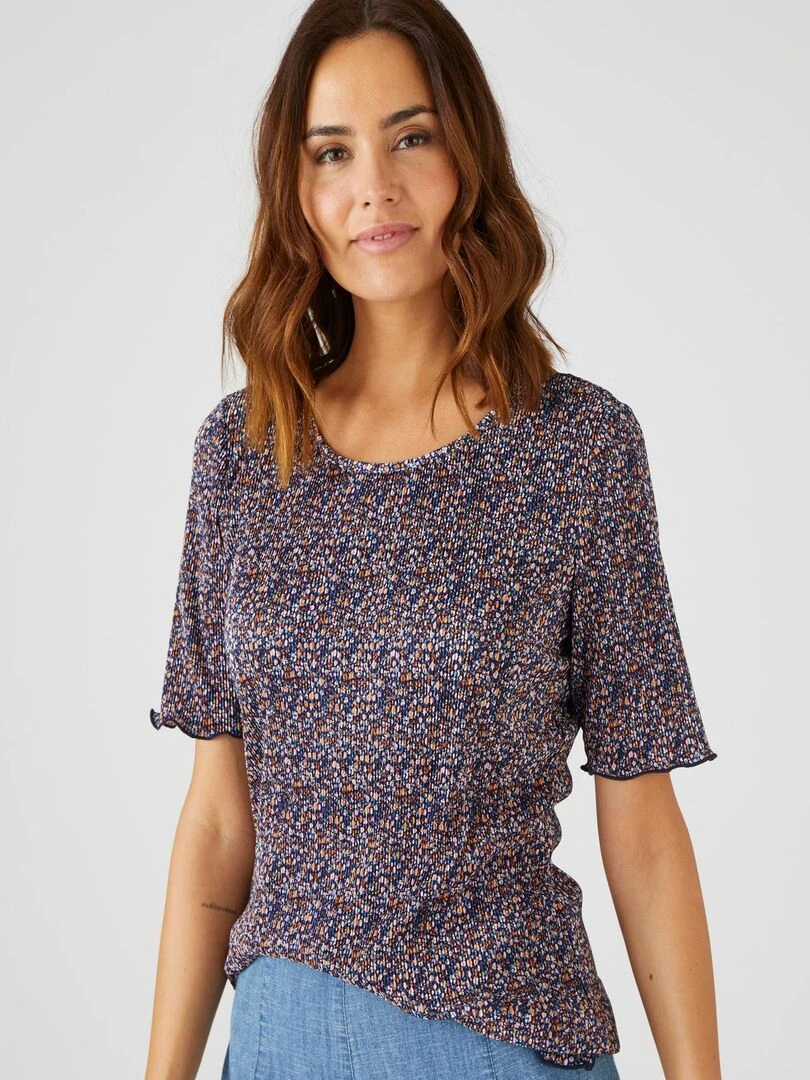 Top en maille plissée manches courtes Damart Bleu marine