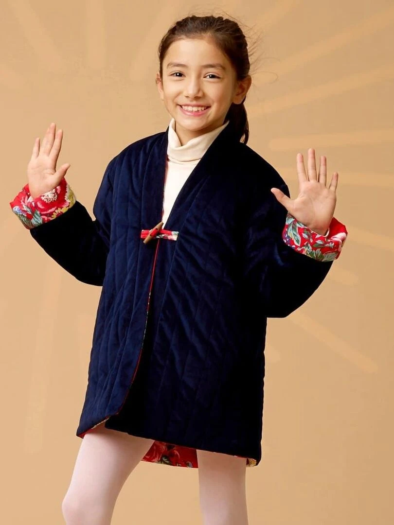 Veste Chinoise Fille Velours Bleu Marine Réversible Fleurie Rouge KIM 'LA FAUTE A VOLTAIRE' Bleu marine