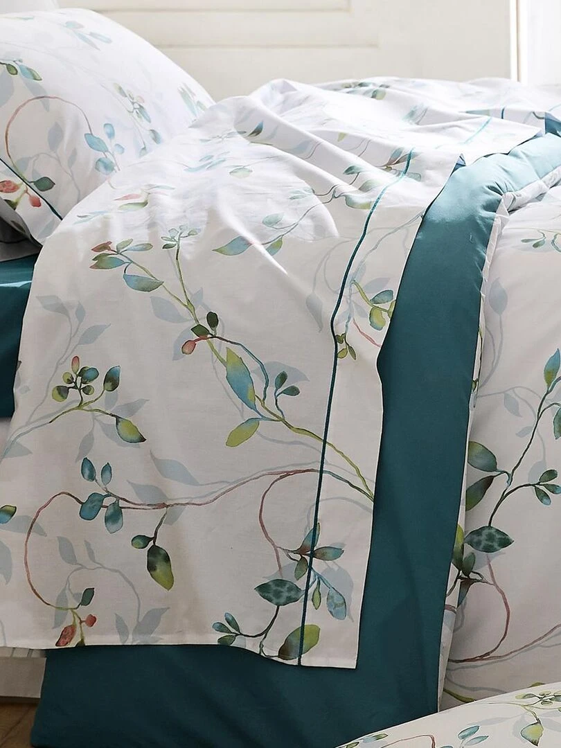 Ensemble draps et taie imprimé fleurs   Blanc