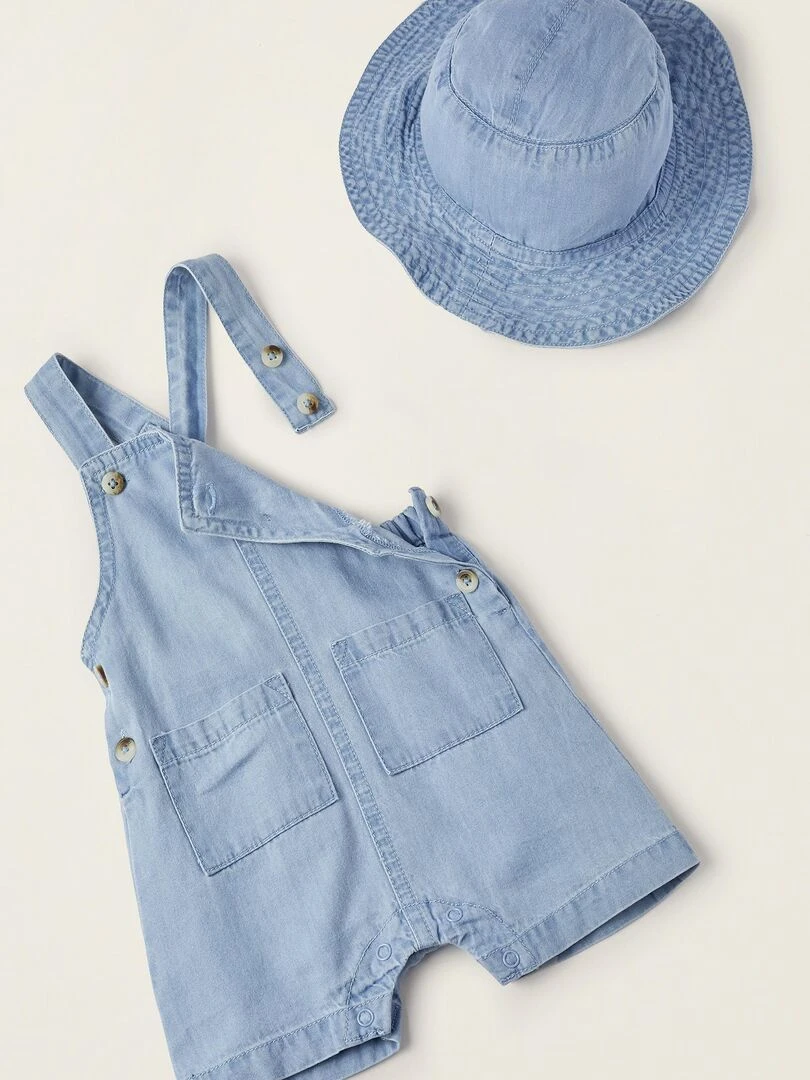 Salopette + Chapeau en Denim pour Nouveau Né  ATLANTIC COMPANY   Bleu clair