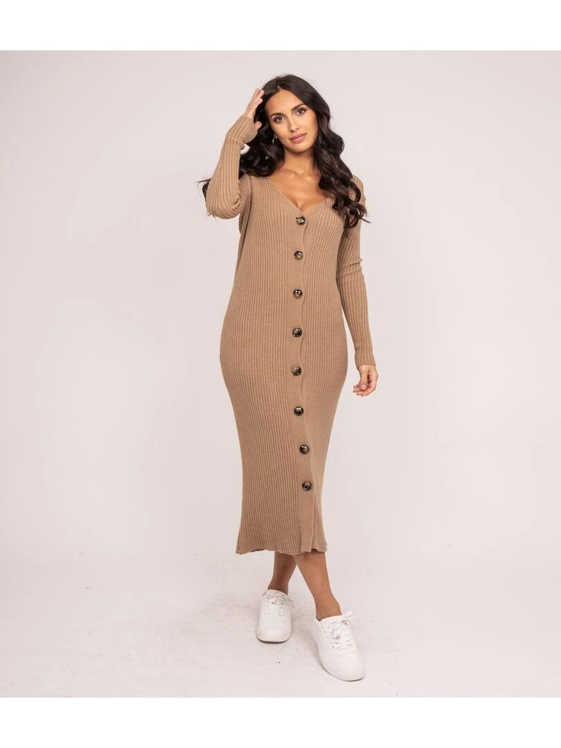 Robe longue maille côtelée IVERNY Beige