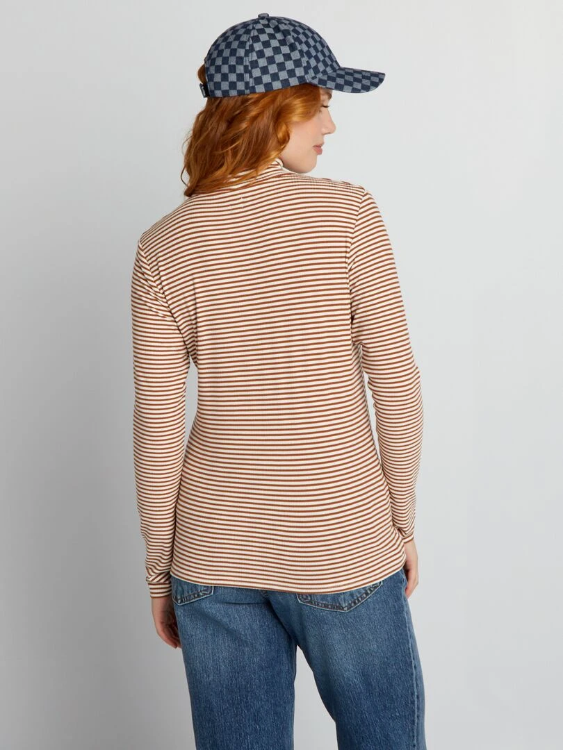 Sous pull en maille côtelée à rayures   Blanc/marron
