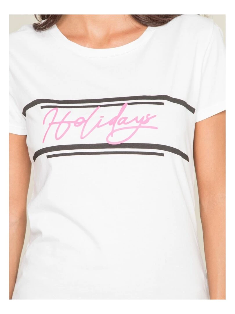 T shirt col rond message FOLIDAY   Blanc