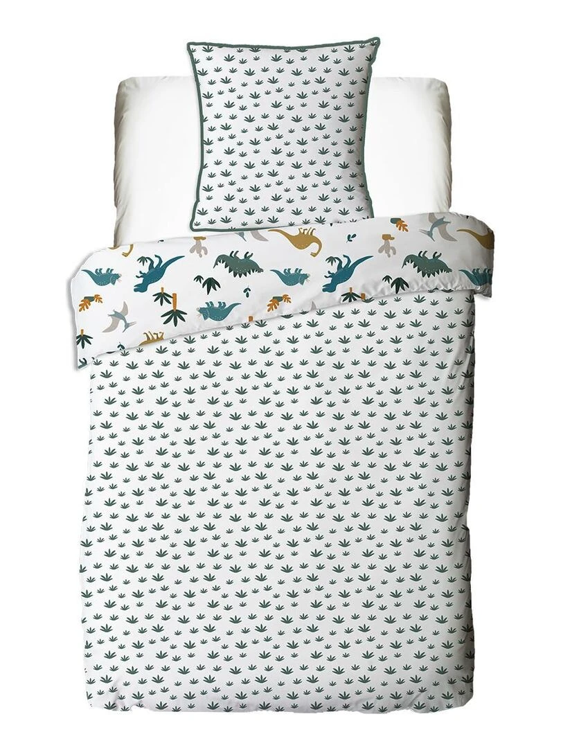 Future Home   Parure de lit enfant en coton 57 fils imprimé blanc et vert   Blanc