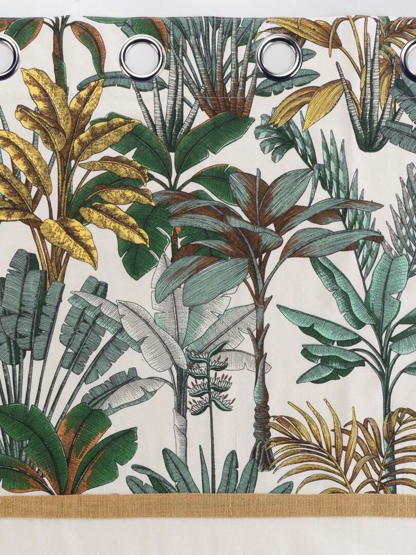 Rideau imprimé feuillage avec toile de jute   Blanc