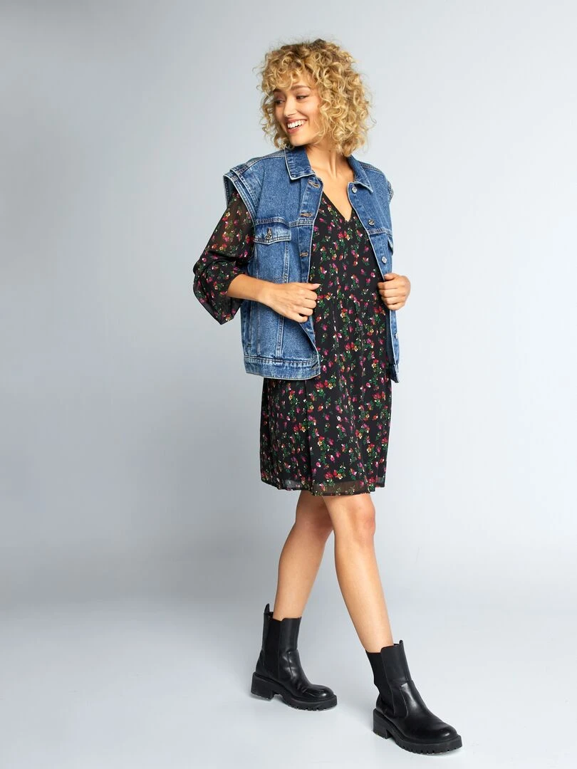 Robe à motif avec ceinture à nouer Noir fleuri