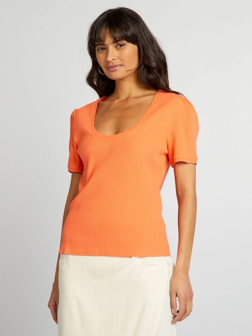 T shirt côtelé à col plongeant   Orange