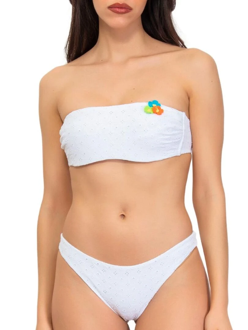 Haut de maillot bandeau avec armatures broderie anglaise Sangallo Blanc
