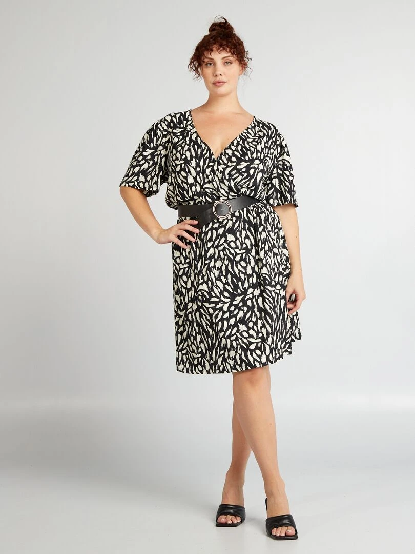 Robe portefeuille crêpée à motif Noir