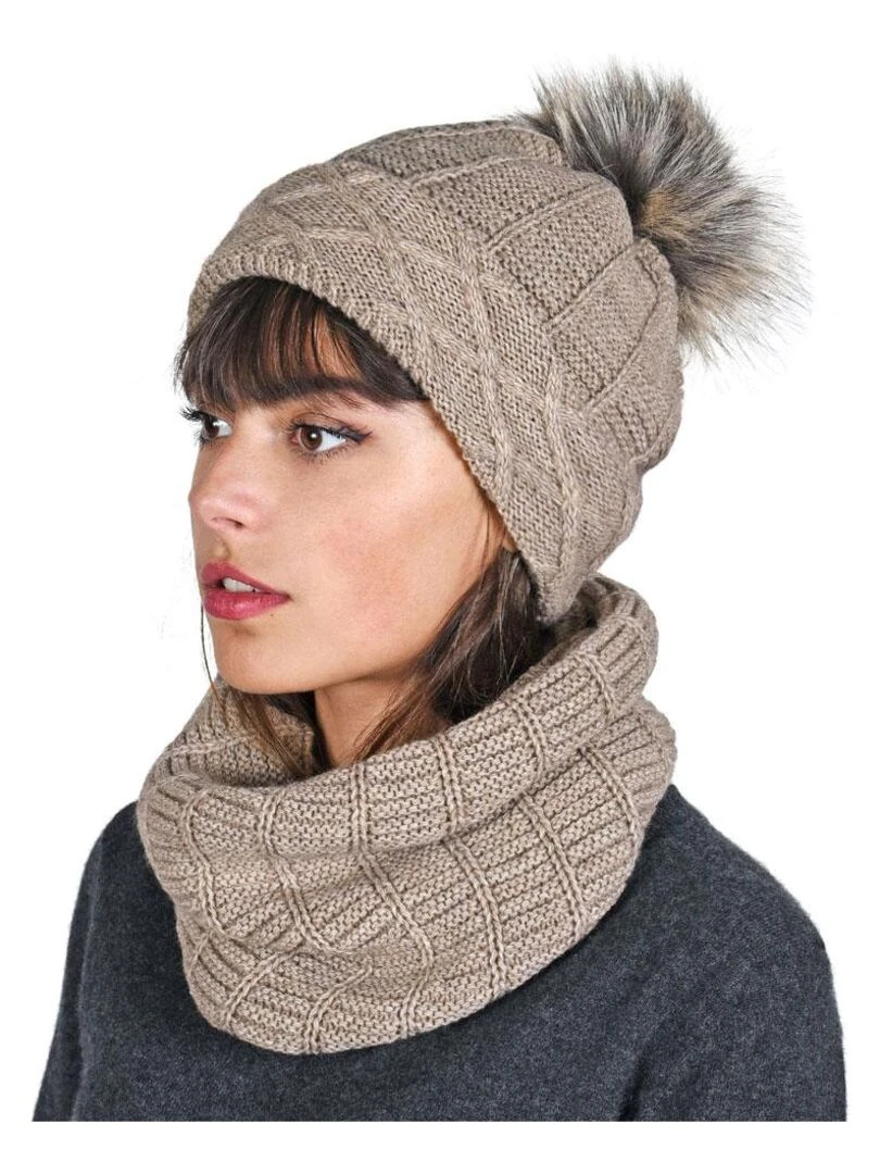 Ensemble Snood Bonnet Komin Made in UE Marron clair
