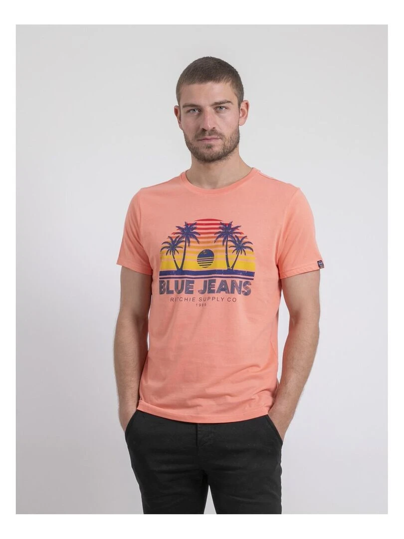 T shirt col rond pur coton NAPOUR Orange corail
