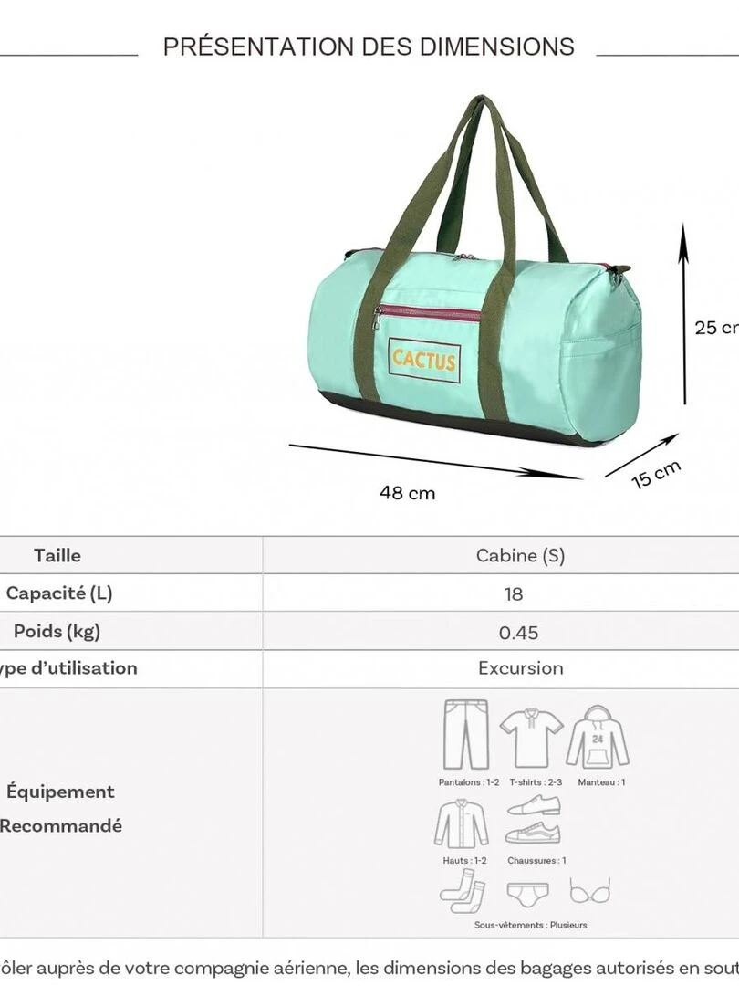 Sac de voyage week end 18L et sport sans roulettes Vert