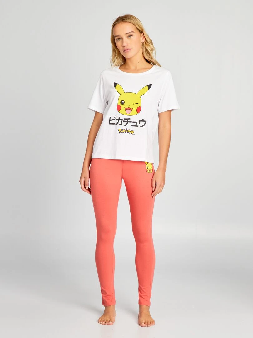 Pyjama long imprimé 'Pokémon'   2 pièces   Blanc/orange
