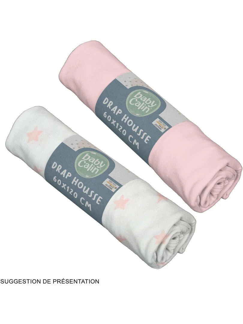 Lot de 2 draps housse en coton 60x120 cm Rose + Imprimé étoiles Rose pâle