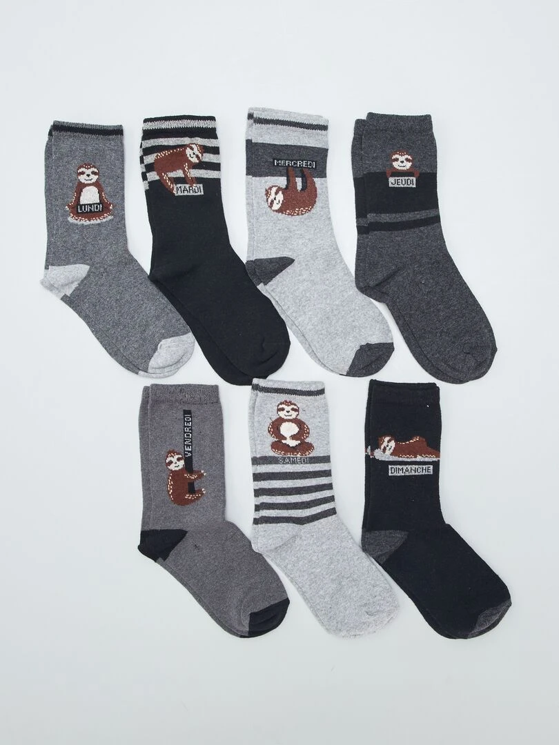 Lot de 7 paires de chaussettes imprimé 'paresseux' noir/gris
