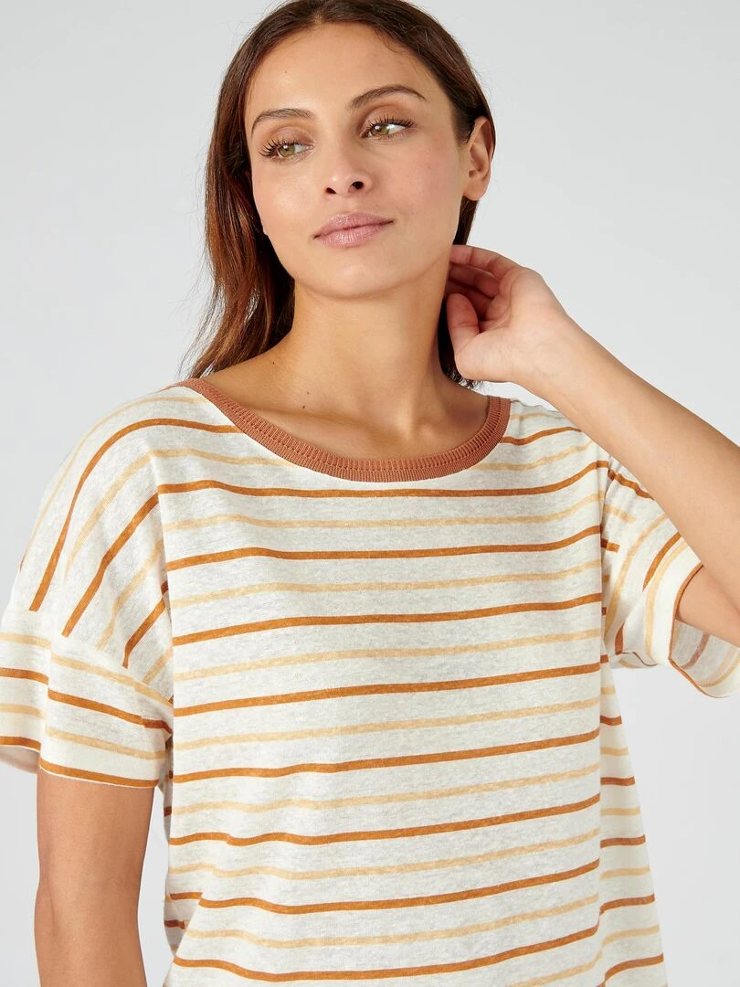 Tee shirt à rayures en lin majoritaire.   Damart   Beige