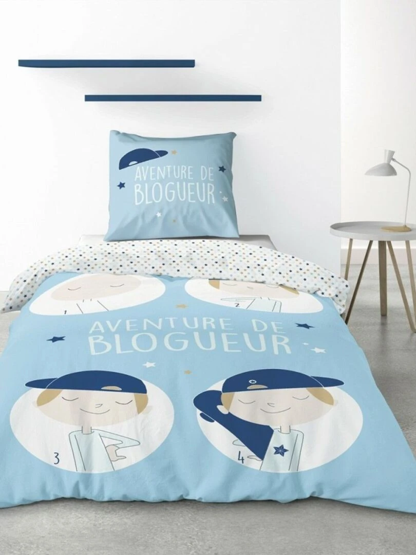 Housse de couette 140x200 Blogueur + taie 100% coton Bleu