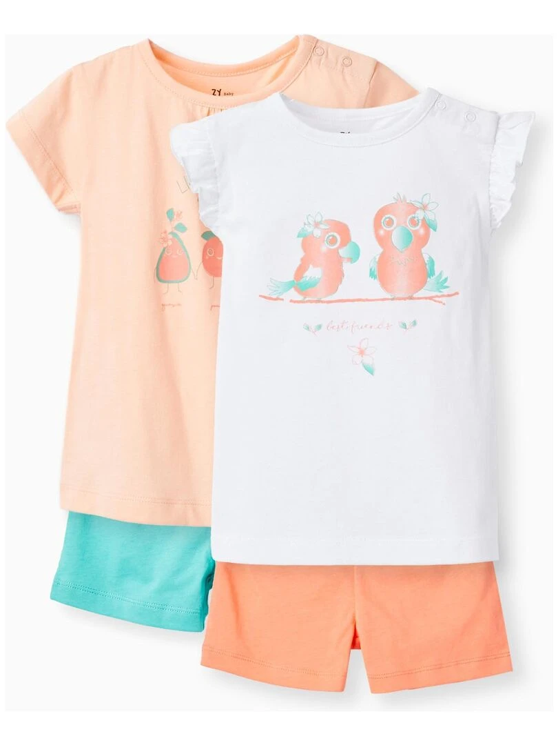 Pack 2 Pyjamas pour Bébé Fille 'Tropical Friends' manches courtes FIJI ISLANDS Multicolore