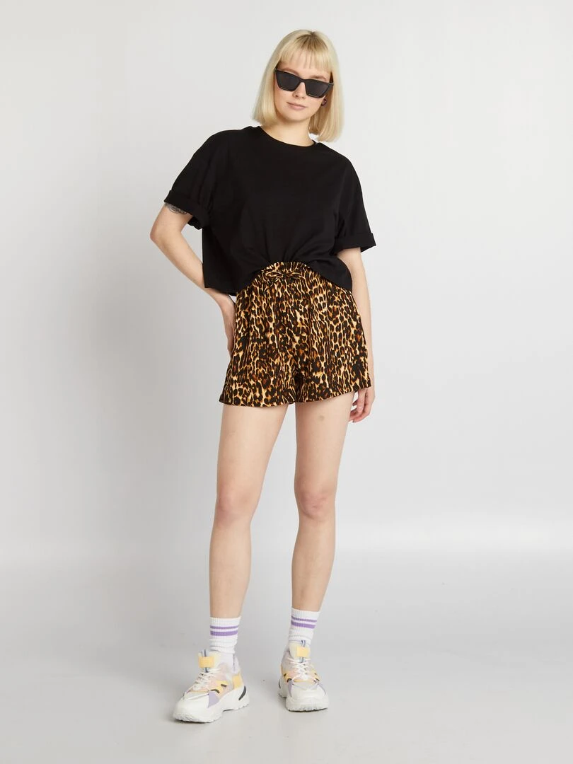 Short stretch à taille élastiquée Noir/beige