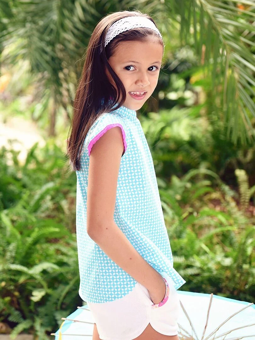 Blouse Chinoise Été Fille  Coton Bleu Turquoise Fuchsia  ANNAM   'LA FAUTE A VOLTAIRE'   Bleu turquoise