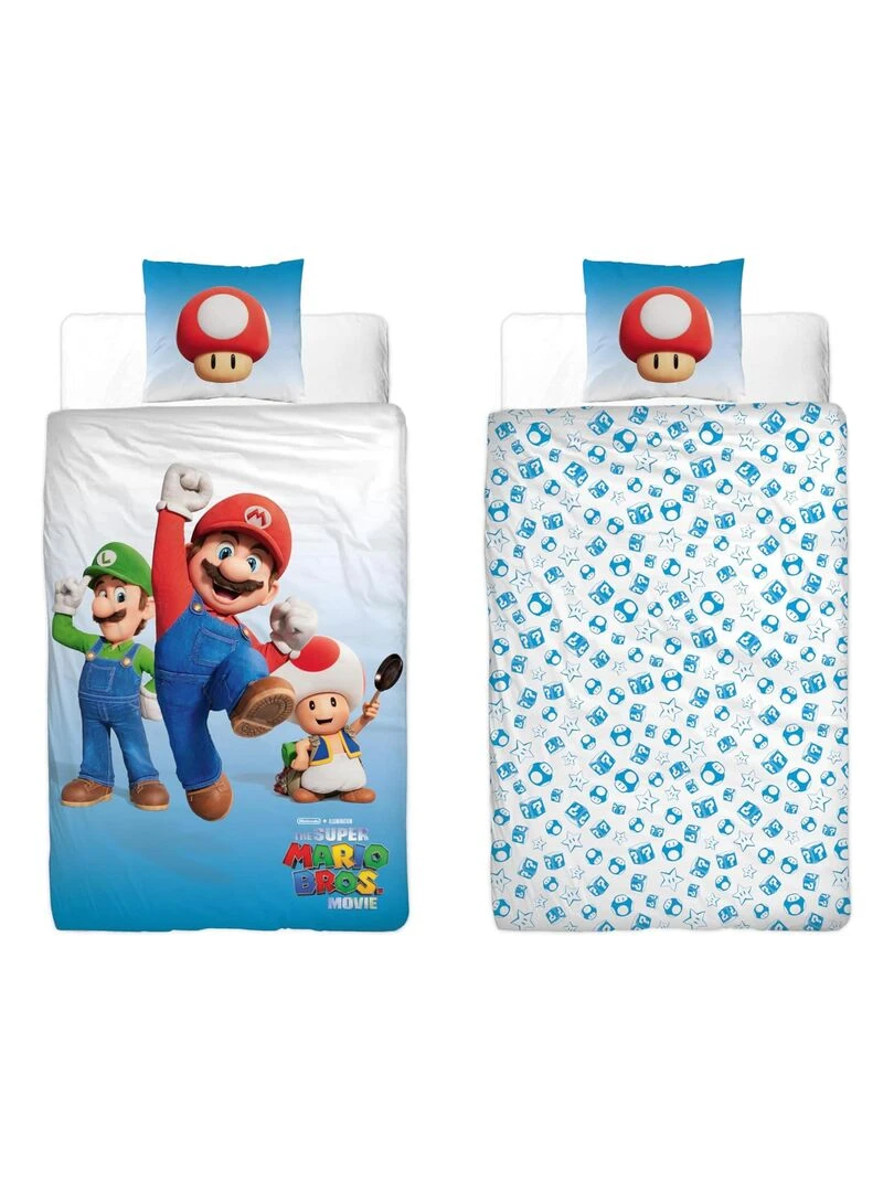 Parure de Lit Enfant Réversible Luigi et Toad Bleu