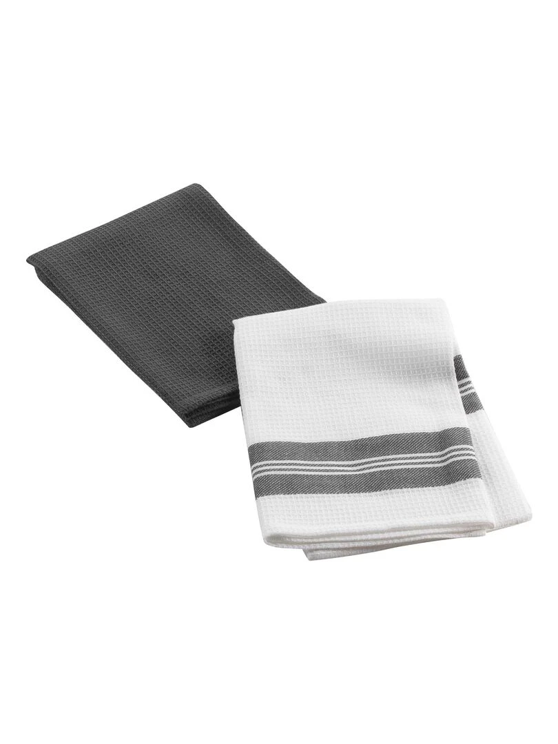Lot de 2 torchons Collection Nid d'abeille bicolore gris anthracite