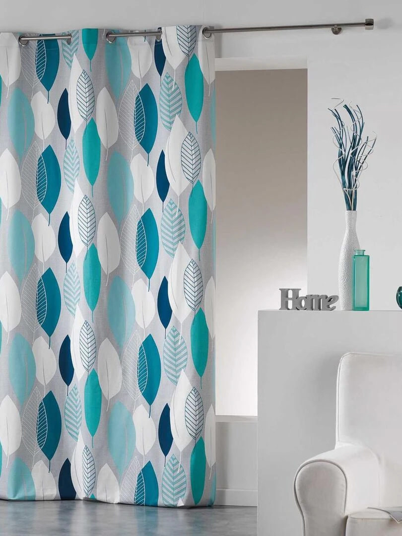 Rideau en Coton "Farandole de Feuilles" Bleu