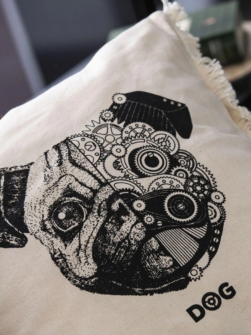 Coussin en coton DOGGY frangé 'Deko&co'   Beige/Noir