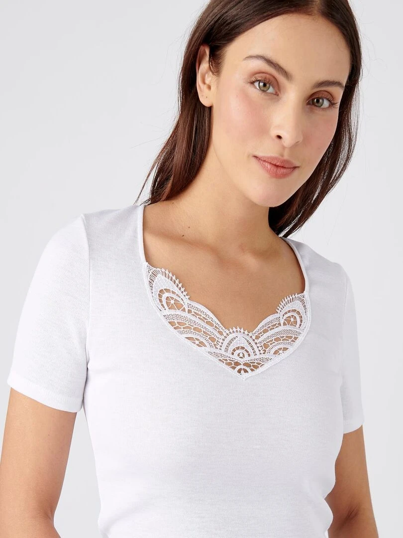 T shirt manches courtes fine côte guipure Thermolactyl   Damart   Blanc