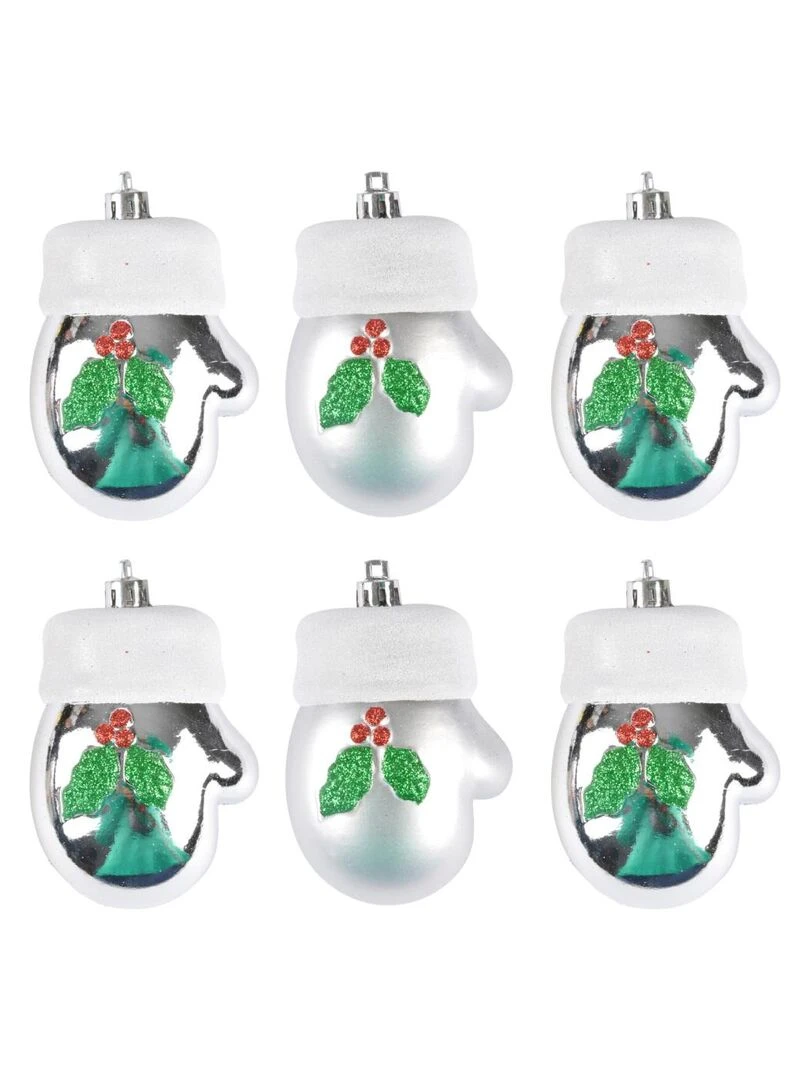 6 Boules de noel gants decores argent Argent