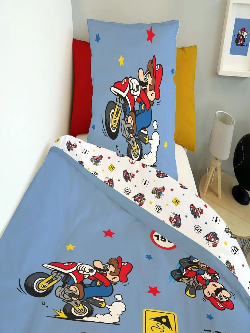 Housse de couette Mariokart 140x200 cm et taie d'oreiller   100% Coton   Bleu
