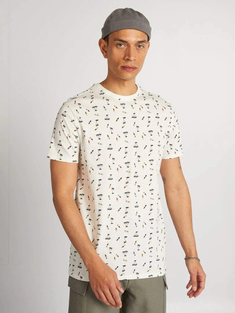 T shirt en coton imprimé à col rond   Blanc 'surf'