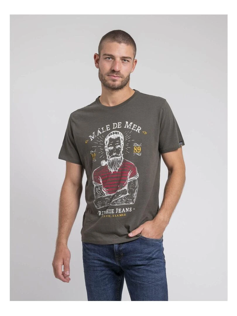 T shirt col rond pur coton JAMEKONG Kaki