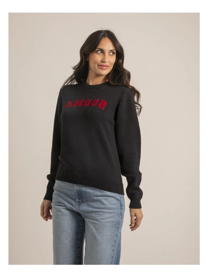 Pull col rond pur coton message KOURI Bleu marine