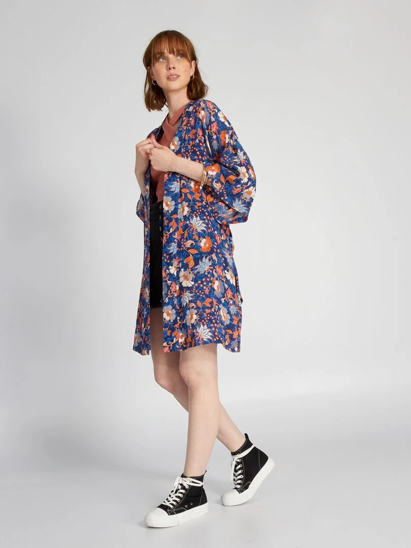 Veste kimono imprimée et ceinturée Bleu
