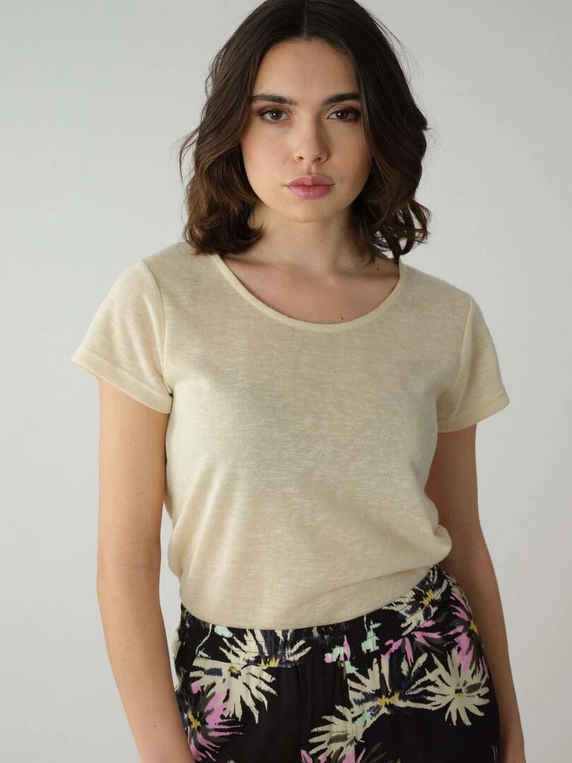 T shirt col rond en jersey effet lin et pailleté 'Deeluxe' Beige coquille