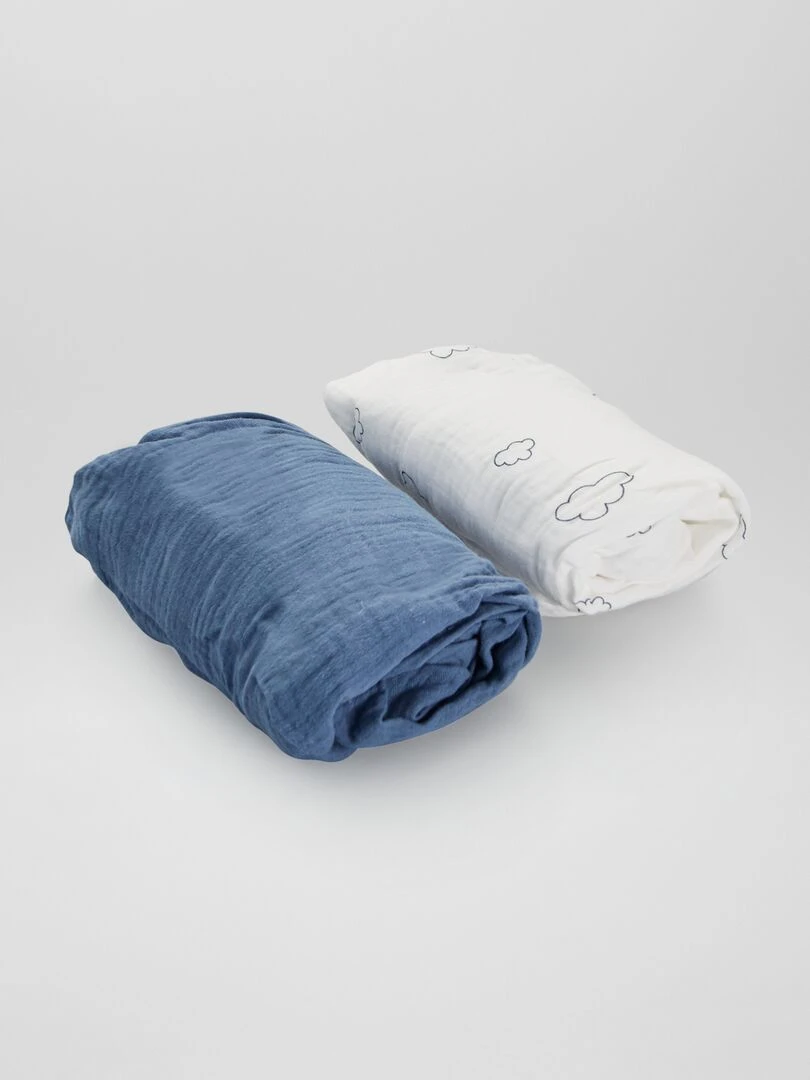 Lot de 2 draps housse en gaze de coton Blanc/bleu