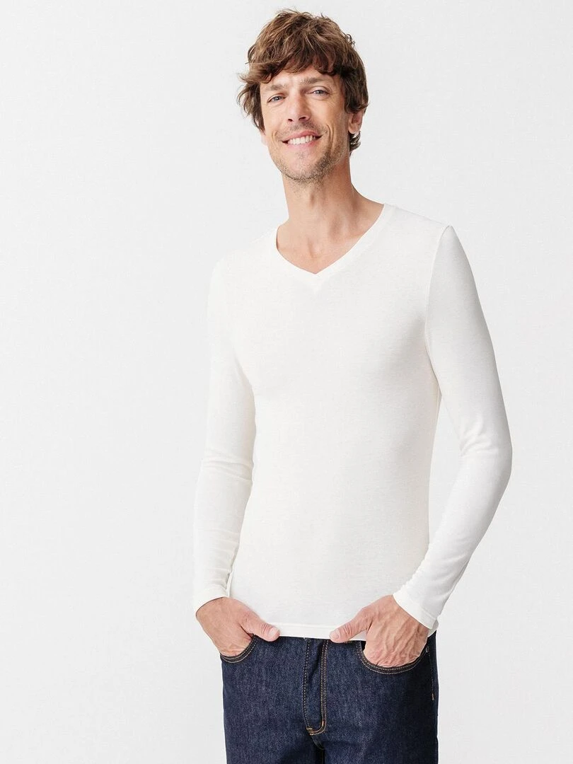 T shirt col V manches longues fine côte Thermolactyl Sensitive Damart Blanc